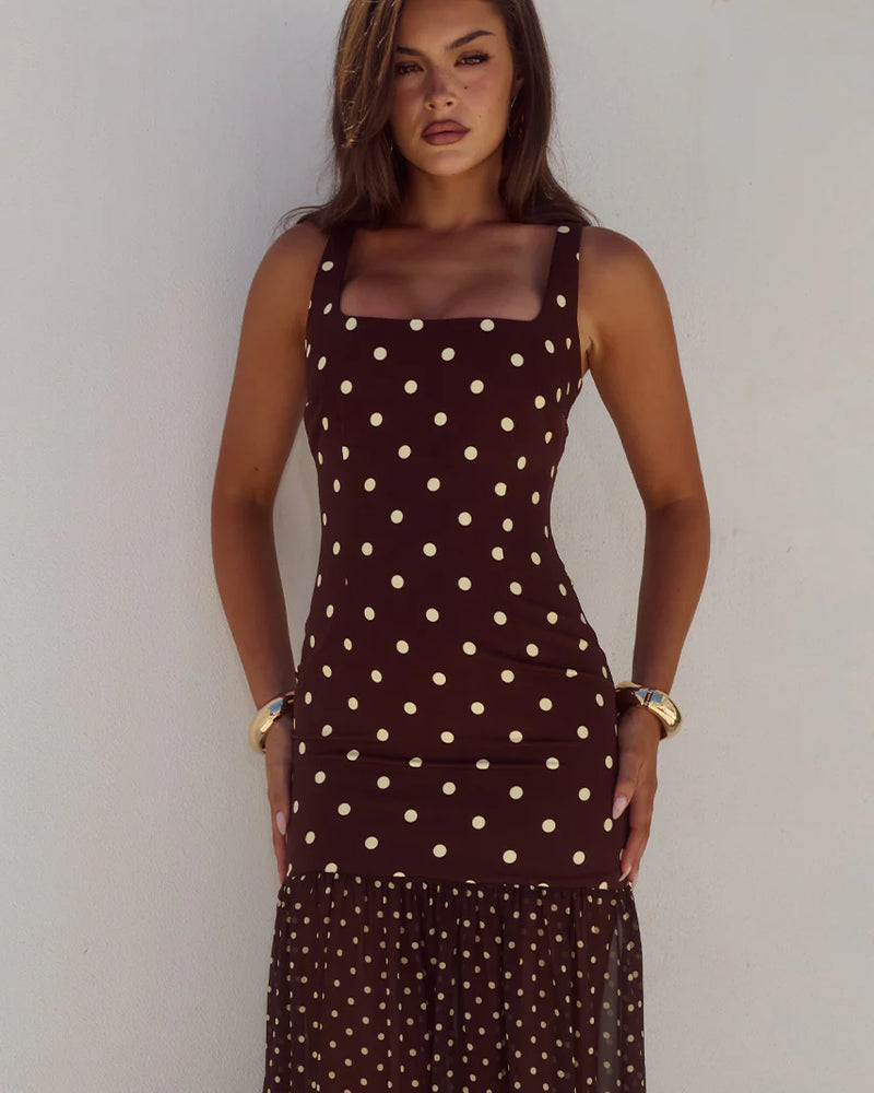 HEER BOTTOM MAXI DRESS - CHOC/LEMON POLKA
