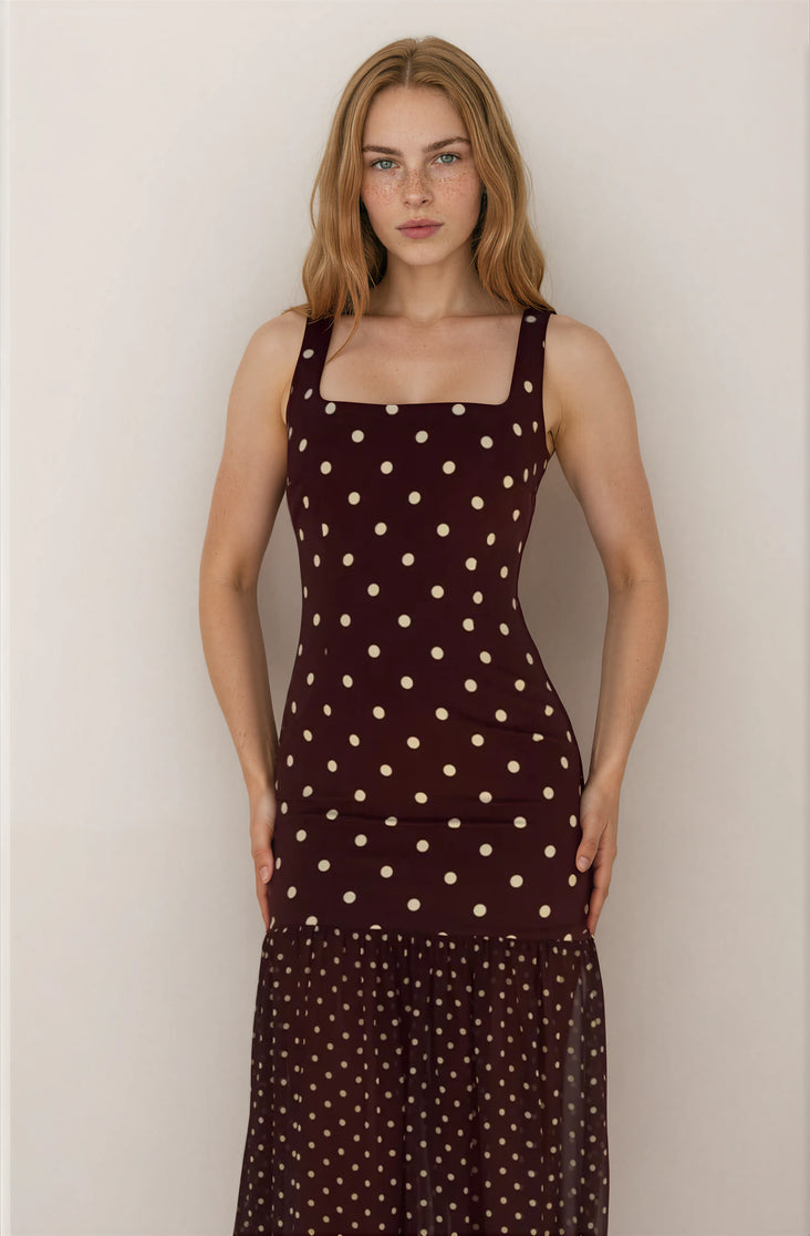 HEER BOTTOM MAXI DRESS - CHOC/LEMON POLKA