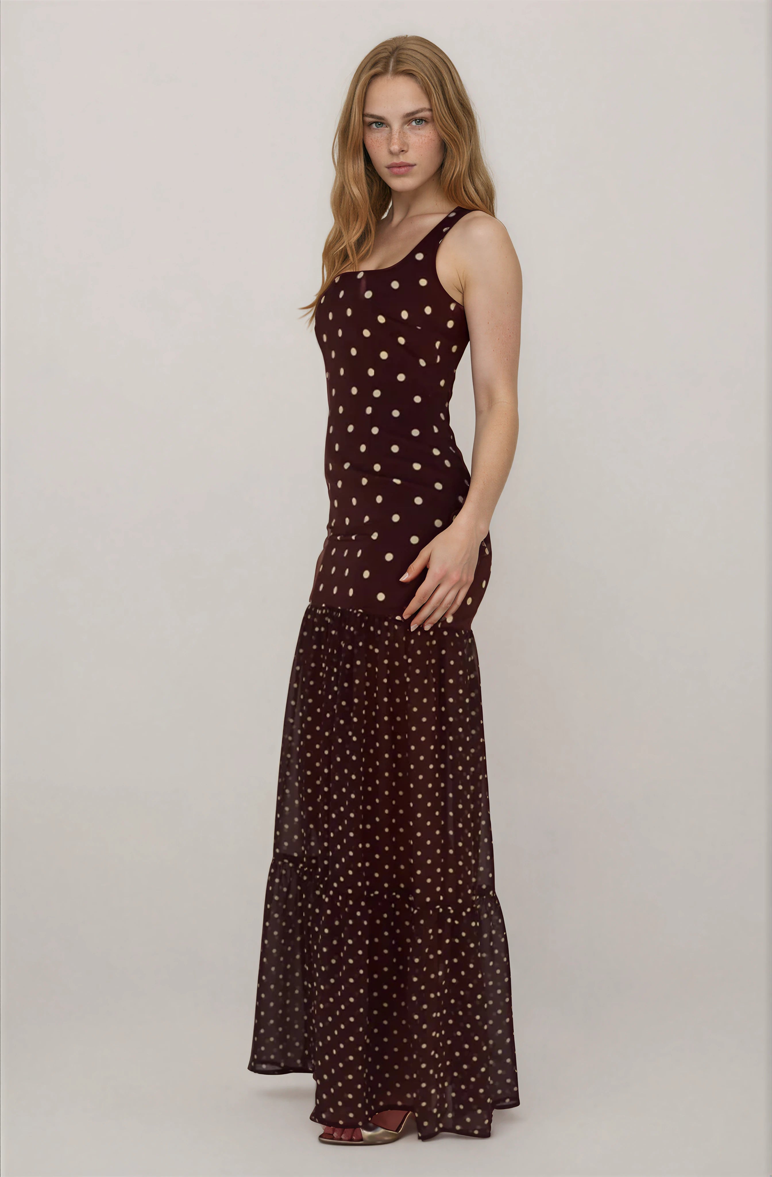 HEER BOTTOM MAXI DRESS - CHOC/LEMON POLKA