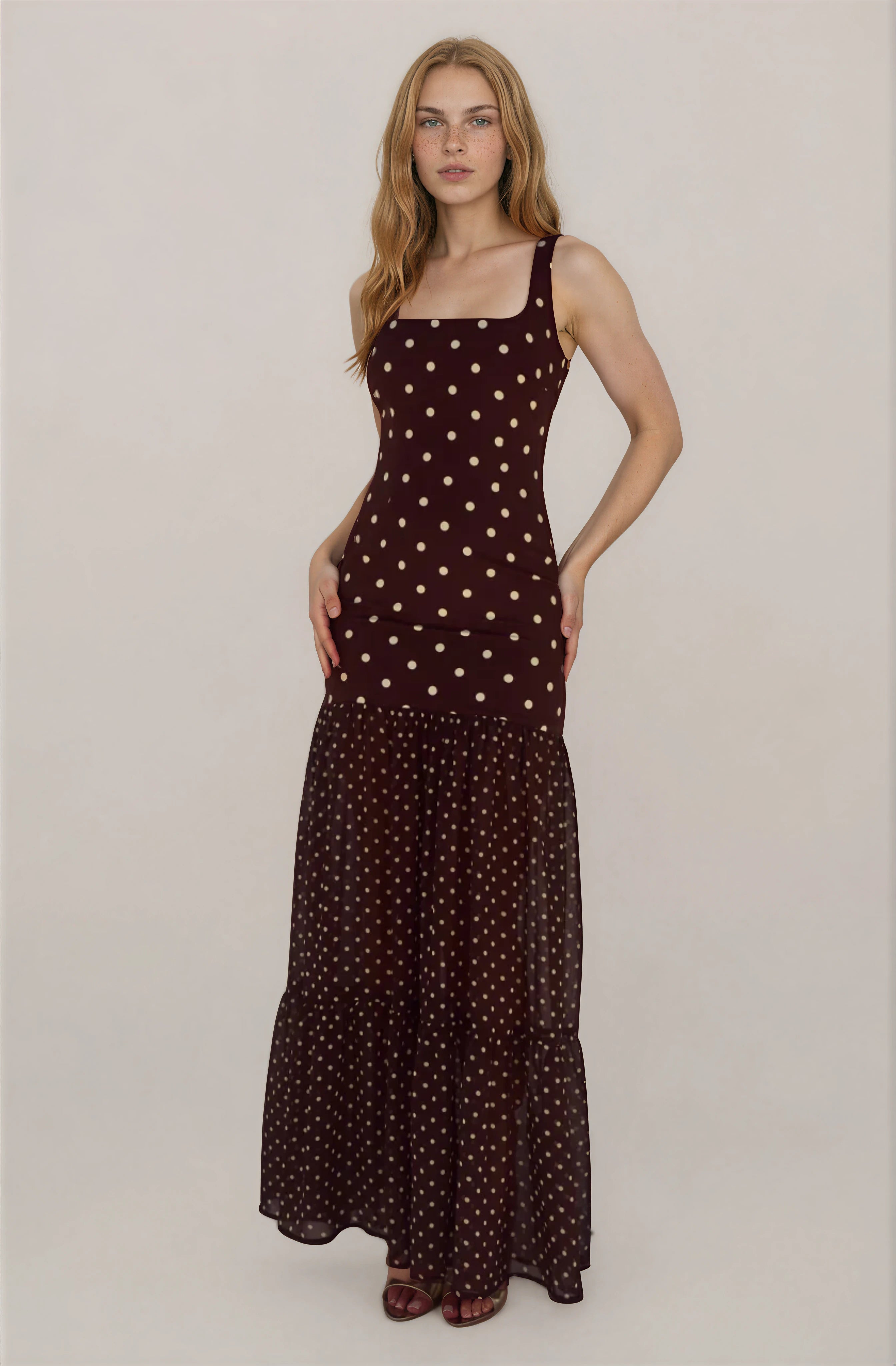 HEER BOTTOM MAXI DRESS - CHOC/LEMON POLKA