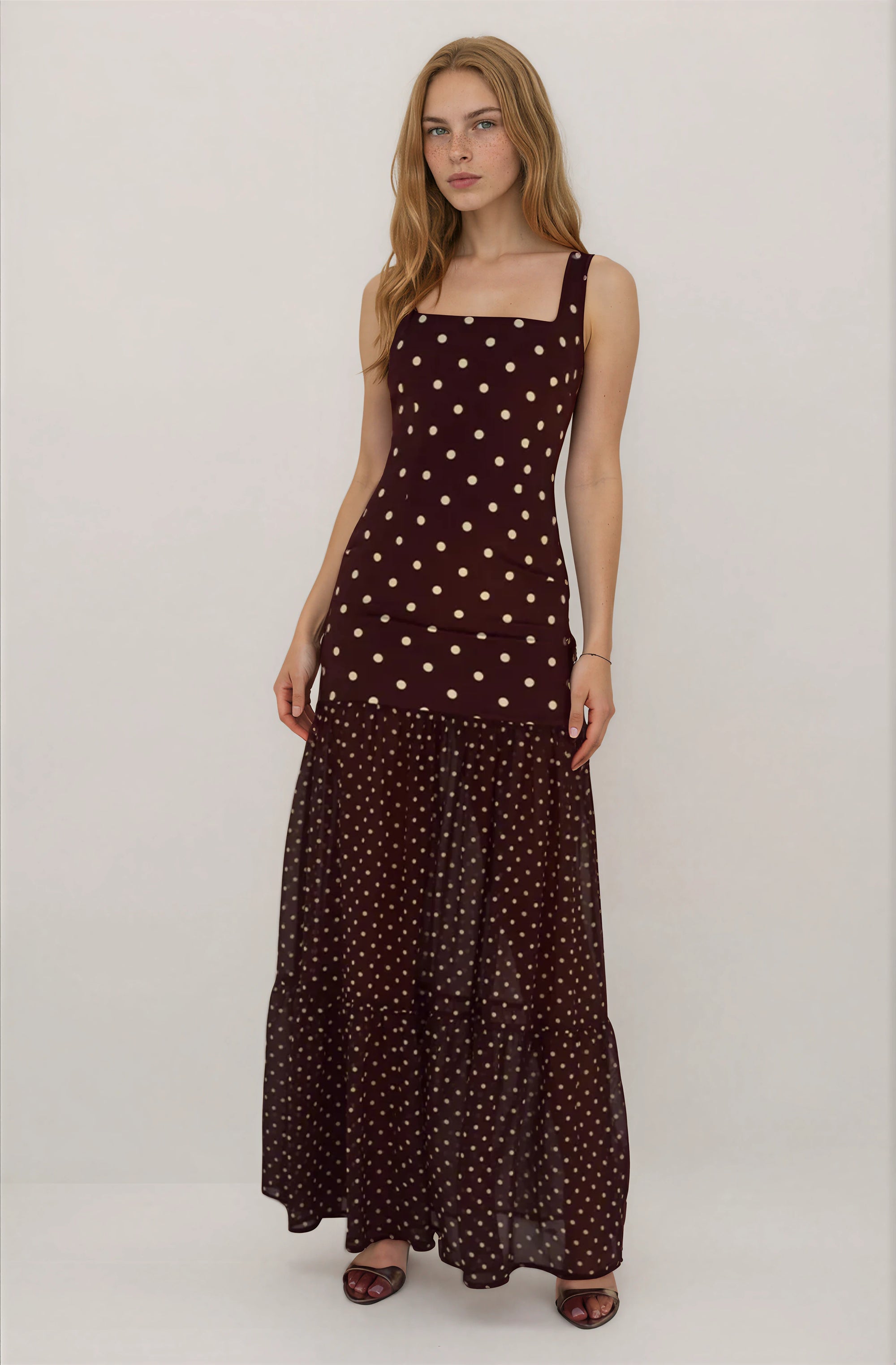 HEER BOTTOM MAXI DRESS - CHOC/LEMON POLKA