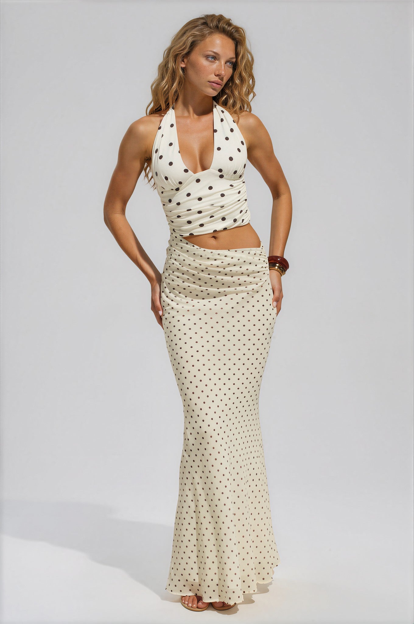 HALTER CUTOUT MAXI DRESS - CREAM/BLACK POLKA MYWISHBAG