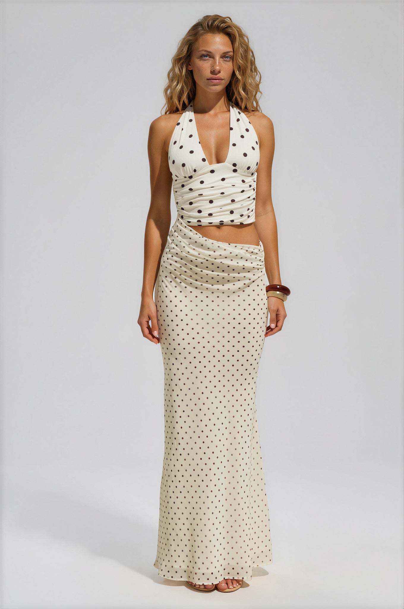 HALTER CUTOUT MAXI DRESS - CREAM/BLACK POLKA MYWISHBAG