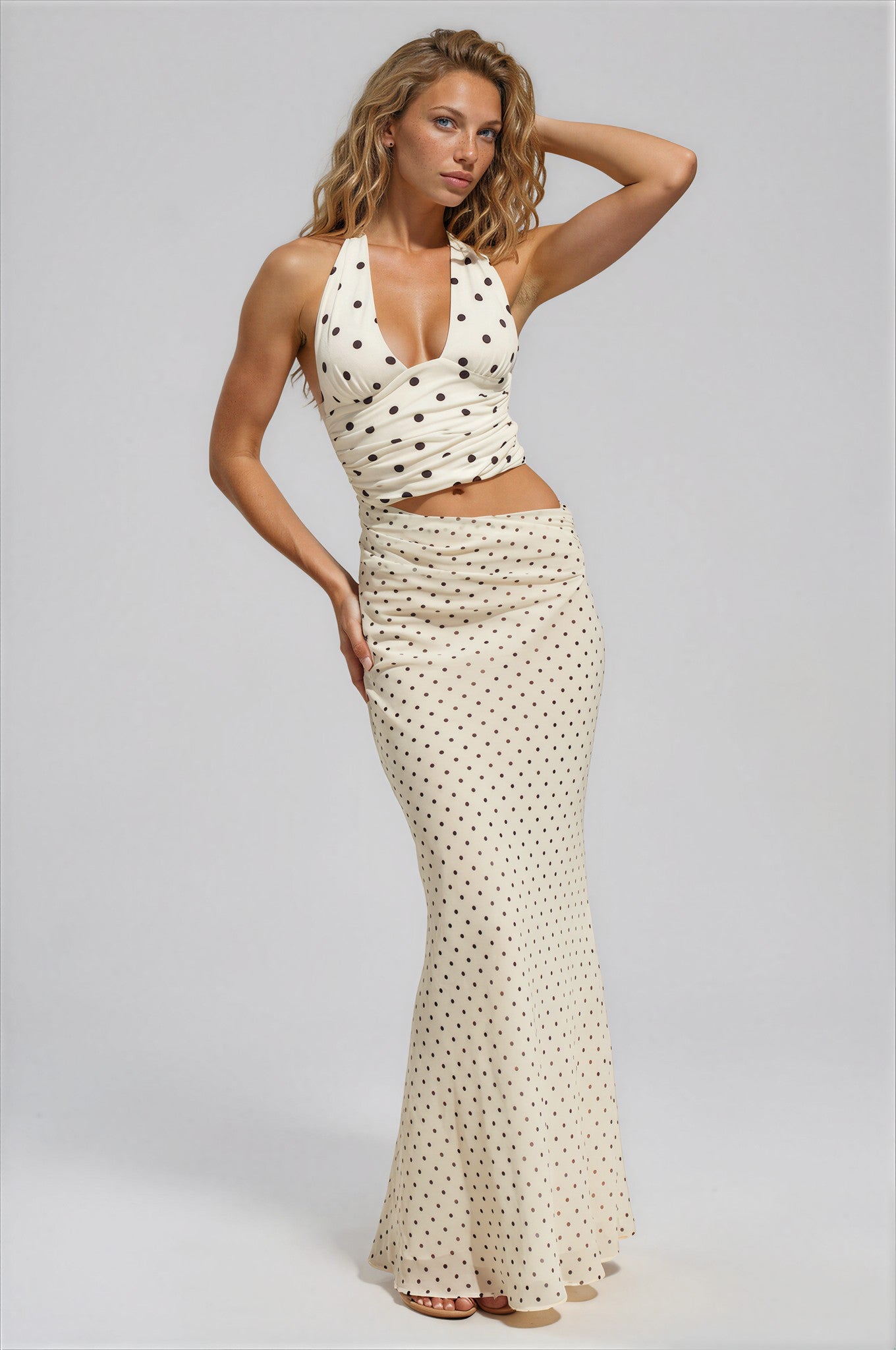 HALTER CUTOUT MAXI DRESS - CREAM/BLACK POLKA