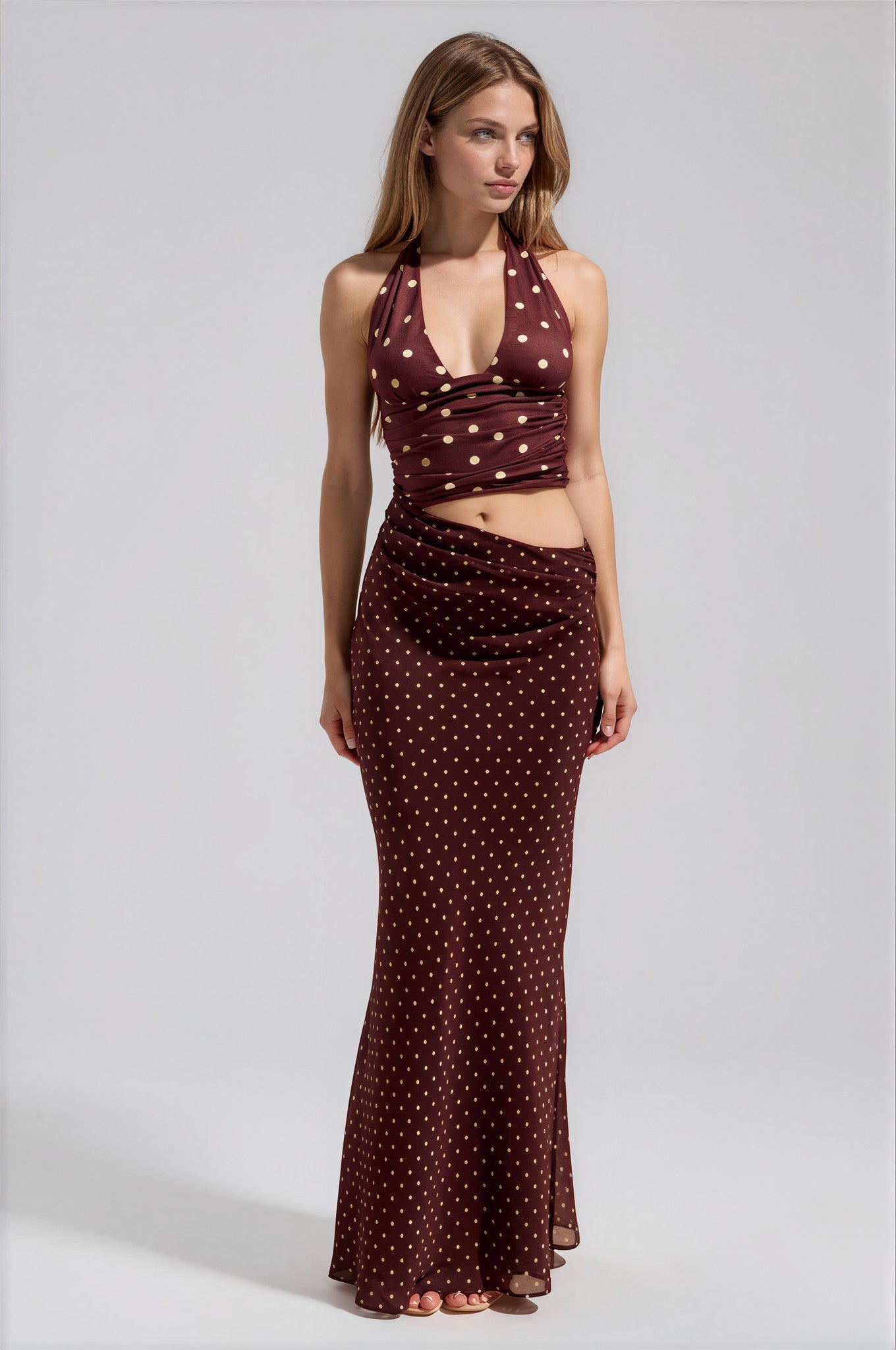 HALTER CUTOUT MAXI DRESS - CHOC/LEMON POLKA MYWISHBAG