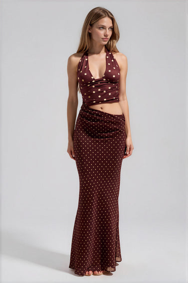 HALTER CUTOUT MAXI DRESS - CHOC/LEMON POLKA