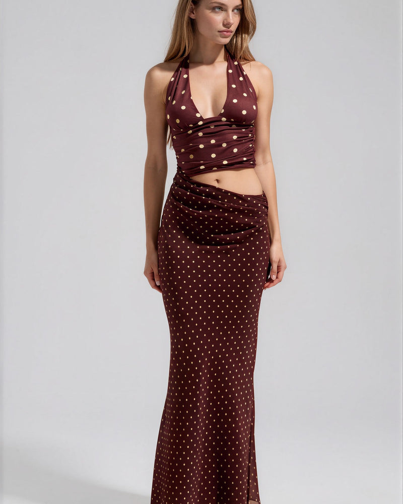 HALTER CUTOUT MAXI DRESS - CHOC/LEMON POLKA