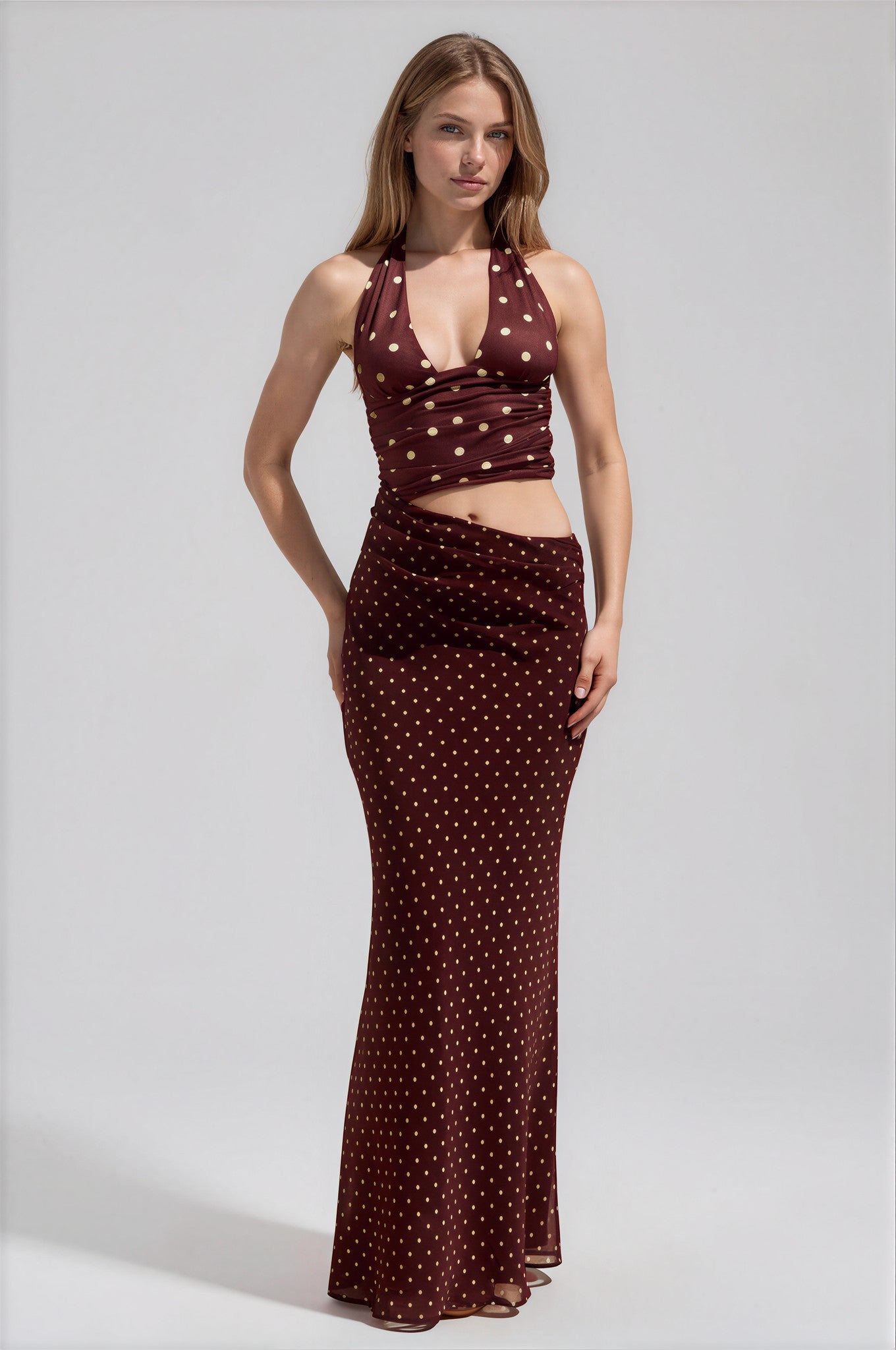 HALTER CUTOUT MAXI DRESS - CHOC/LEMON POLKA