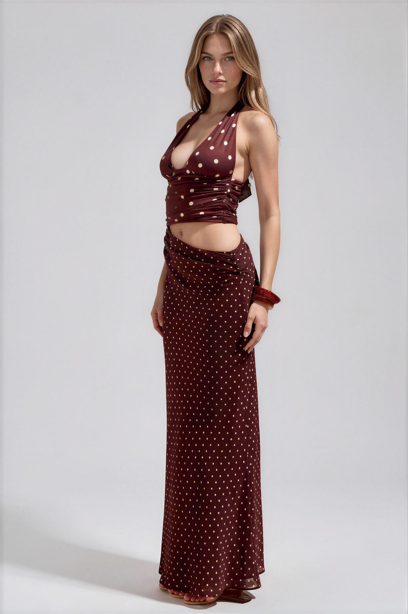 HALTER CUTOUT MAXI DRESS - CHOC/LEMON POLKA MYWISHBAG