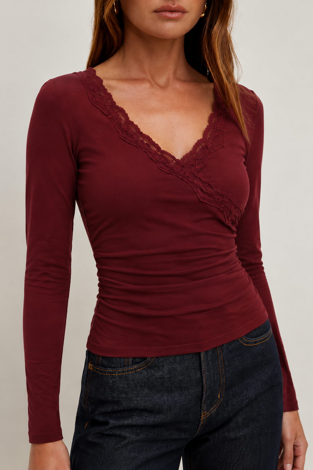 V-neck Solid Lace Trim Ruched Long Sleeve Top MYWISHBAG
