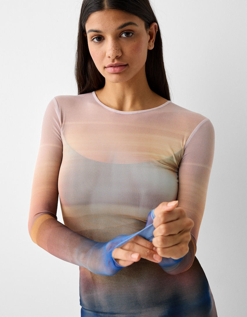 MWB Long Tulles Dress With Long Sleeve and Print MYWISHBAG
