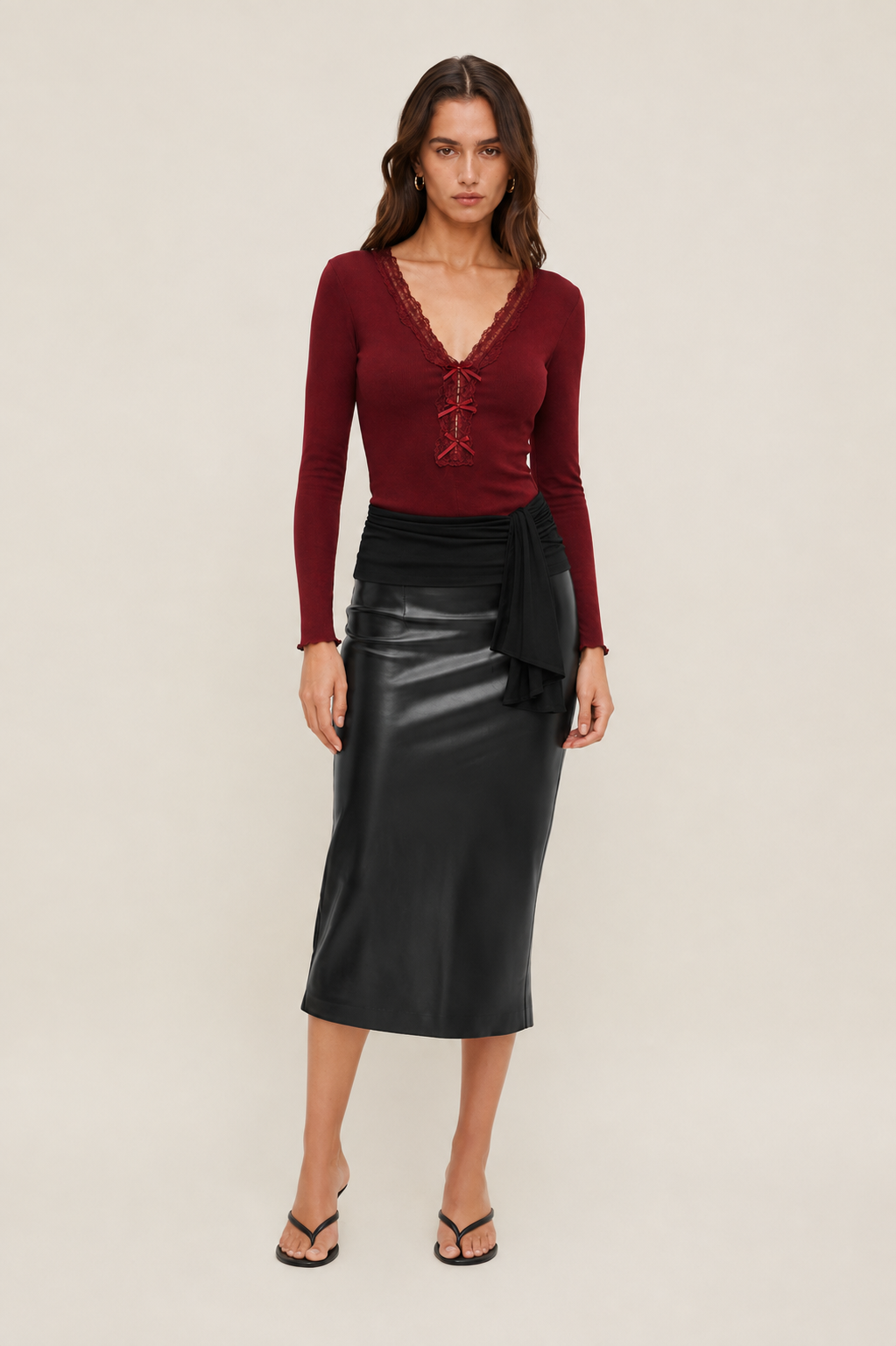 V-Neck Ribbed Bow Top MYWISHBAG
