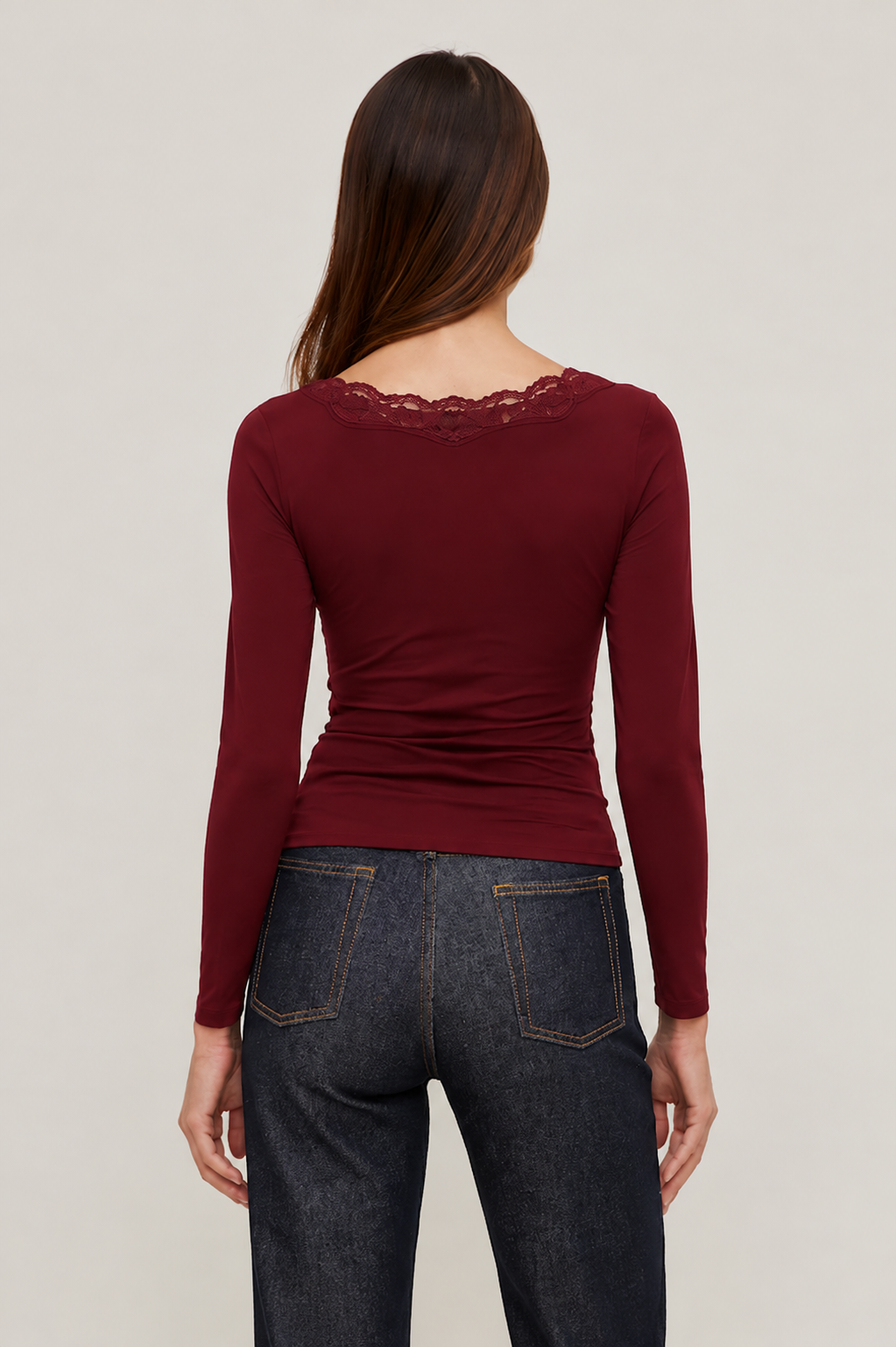 V-neck Solid Lace Trim Ruched Long Sleeve Top MYWISHBAG