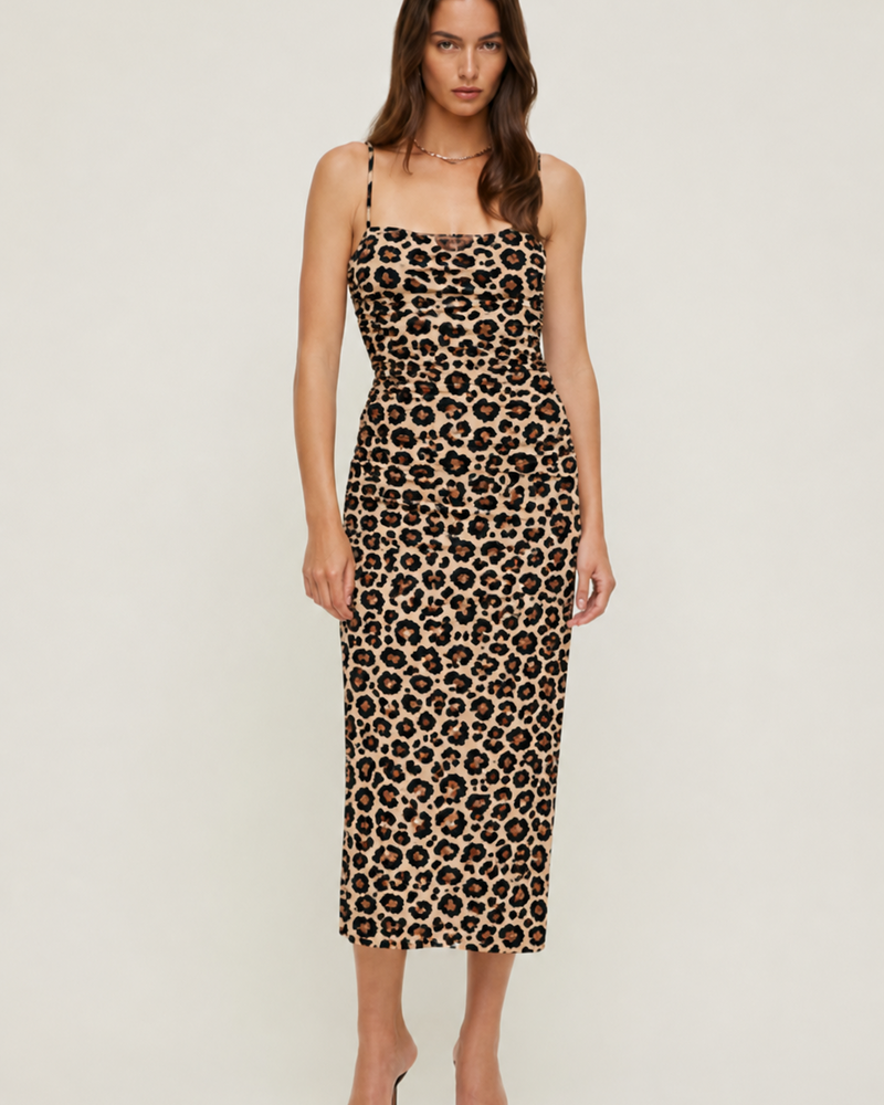 Ruched Mesh Midi Dress