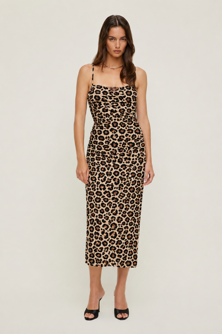 Ruched Mesh Midi Dress