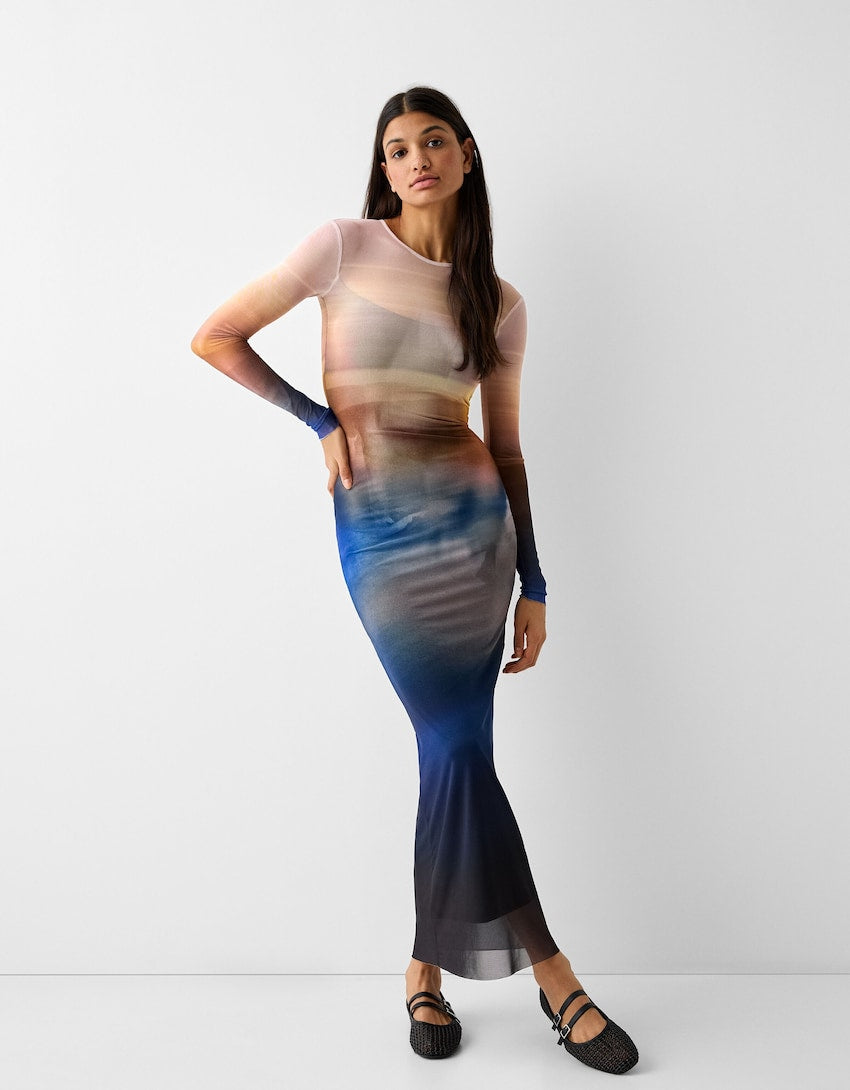 MWB Long Tulles Dress With Long Sleeve and Print MYWISHBAG