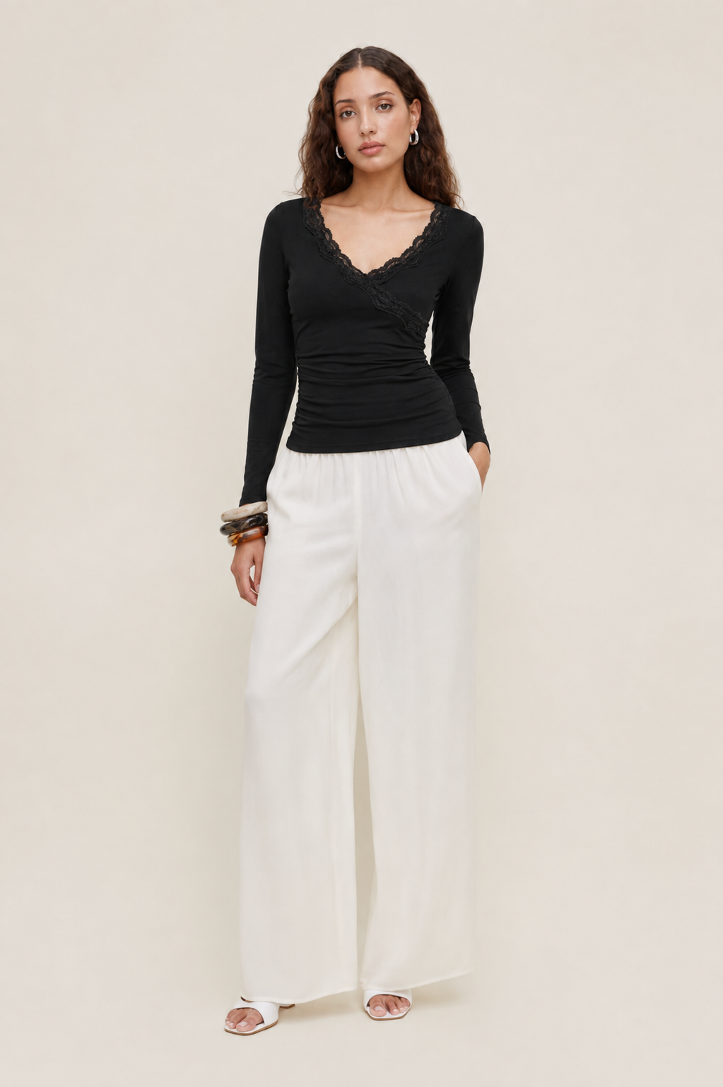 V-neck Solid Lace Trim Ruched Long Sleeve Top MYWISHBAG