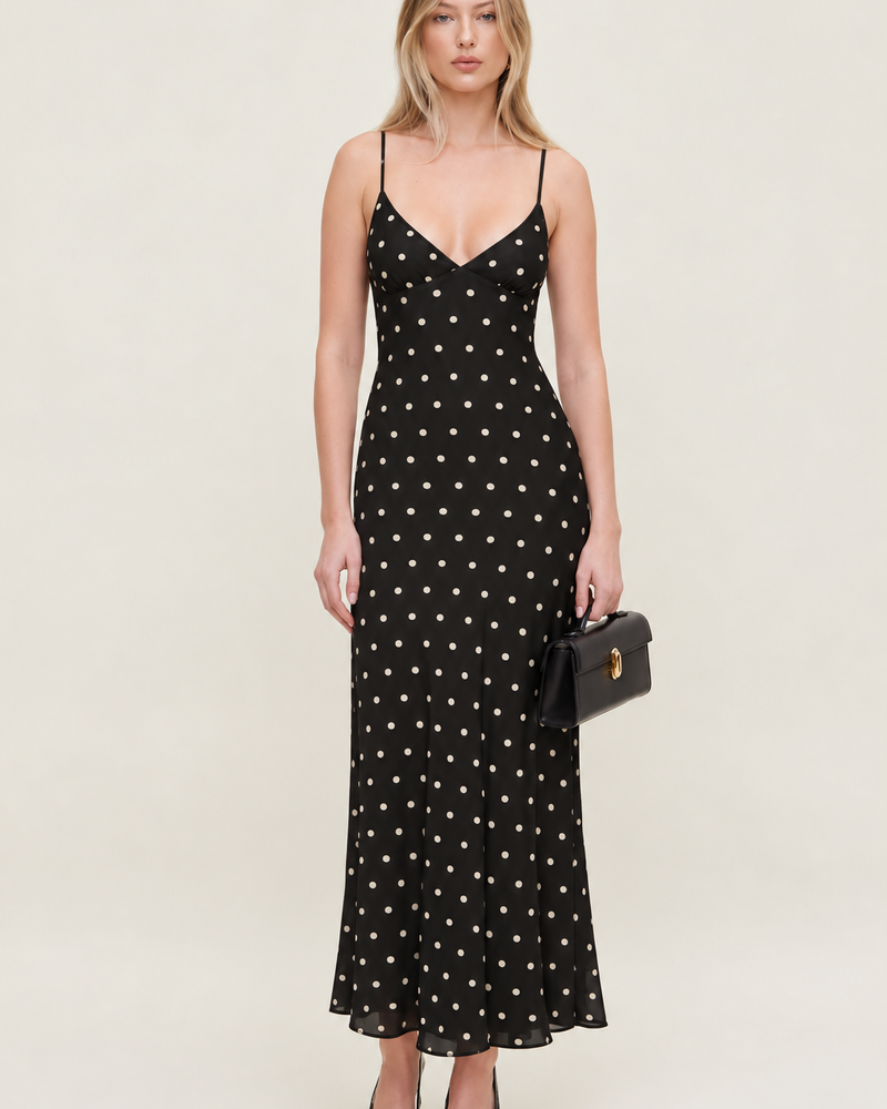 Full Mesh Maxi Dress in Black Polka