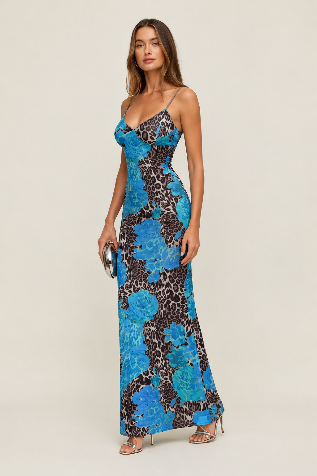 Blue Floral Leopard Maxi Dress