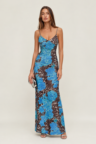 Blue Floral Leopard Maxi Dress