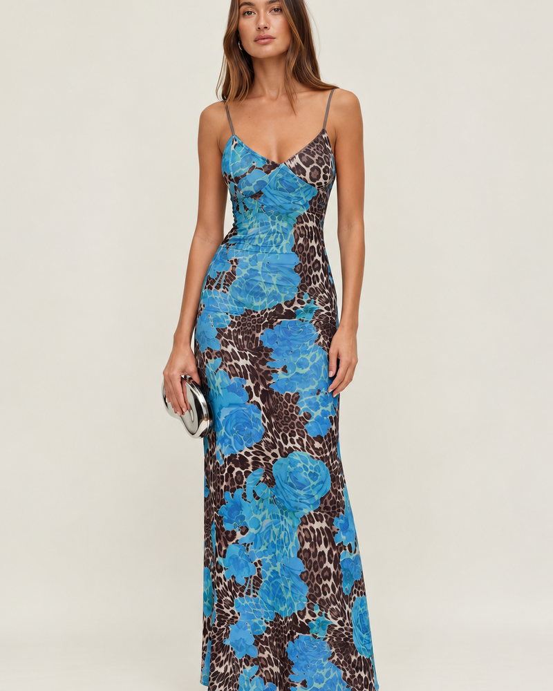 Blue Floral Leopard Maxi Dress