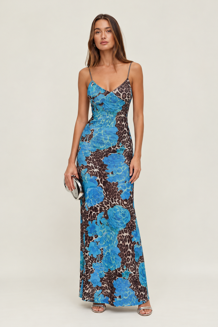 Blue Floral Leopard Maxi Dress