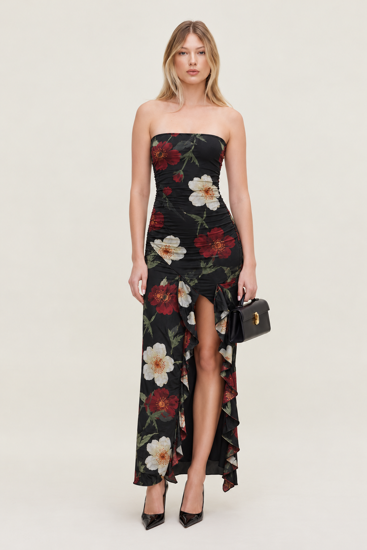 Floral Print Maxi Dress - Black