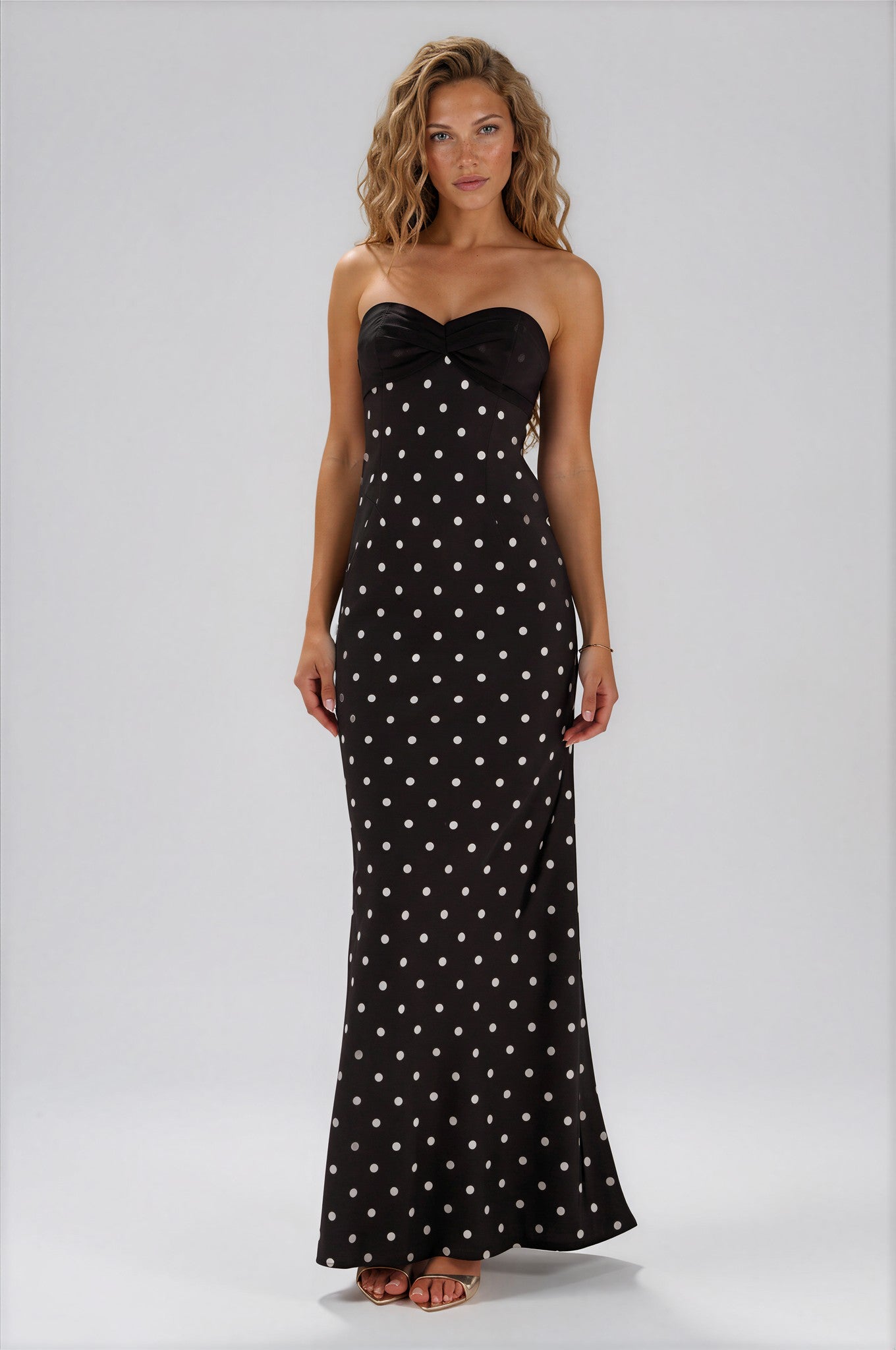 OFF SHOULDER MAXI DRESS - BLACK/WHITE POLKA MYWISHBAG