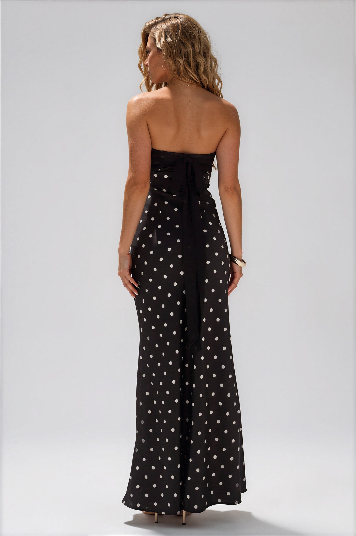 OFF SHOULDER MAXI DRESS - BLACK/WHITE POLKA MYWISHBAG