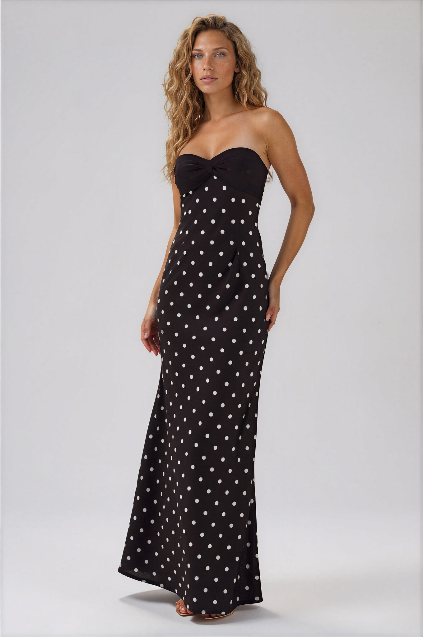 OFF SHOULDER MAXI DRESS - BLACK/WHITE POLKA MYWISHBAG
